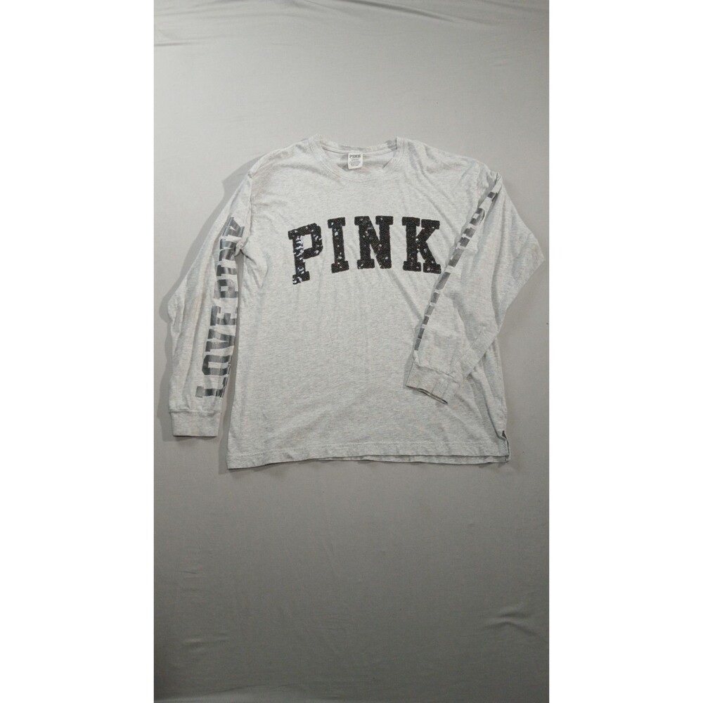 VS PINK Sequin Bling Long Sleeve Tee Shirt Large Gray Love Pink Sleeve Y2K Logo